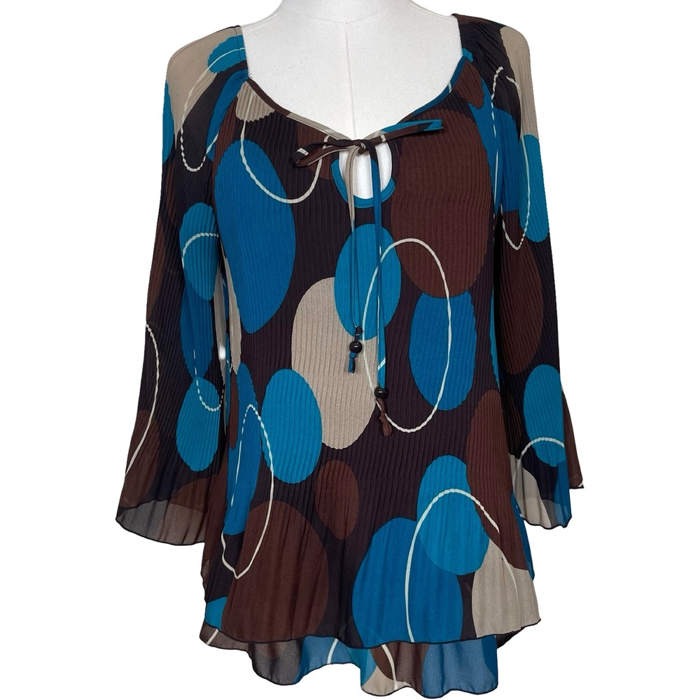 Vintage Larry Levin Pleated Blouse L Brown Blue Abstract Polka Dot Tie‎ Neck Y2K